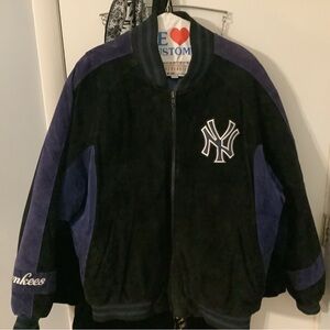 Mens Suede NY Yankees Jacket - Black and Blue Large
